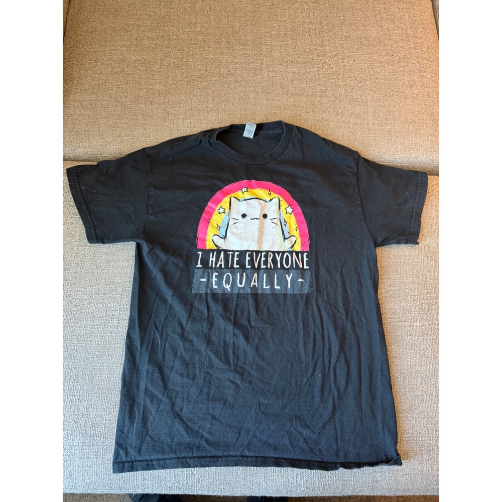Gildan Ultra Cotton I Hate Everyone Equally Cat Rainbow Graphic T-Shirt Black M